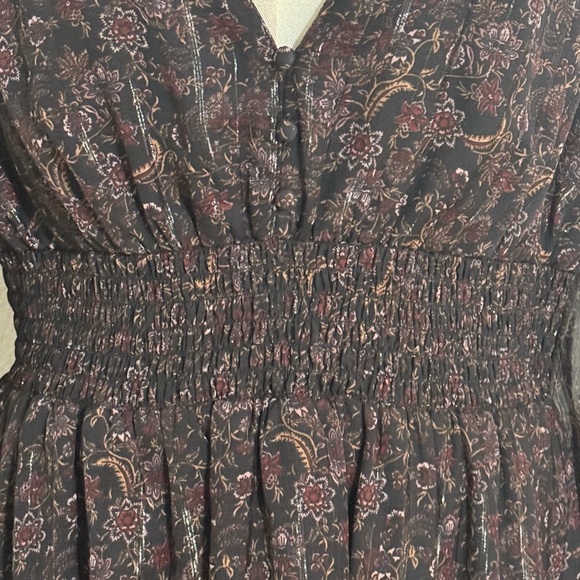 ZARA Floral Metallic Stripe Mini V Neck Dress Size L Boho Flowy Party Cuff - Picture 11 of 12